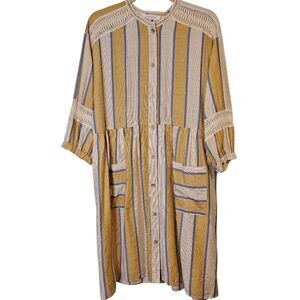 Raw Edge dress, button front yellow/blue. Size L NWOT.